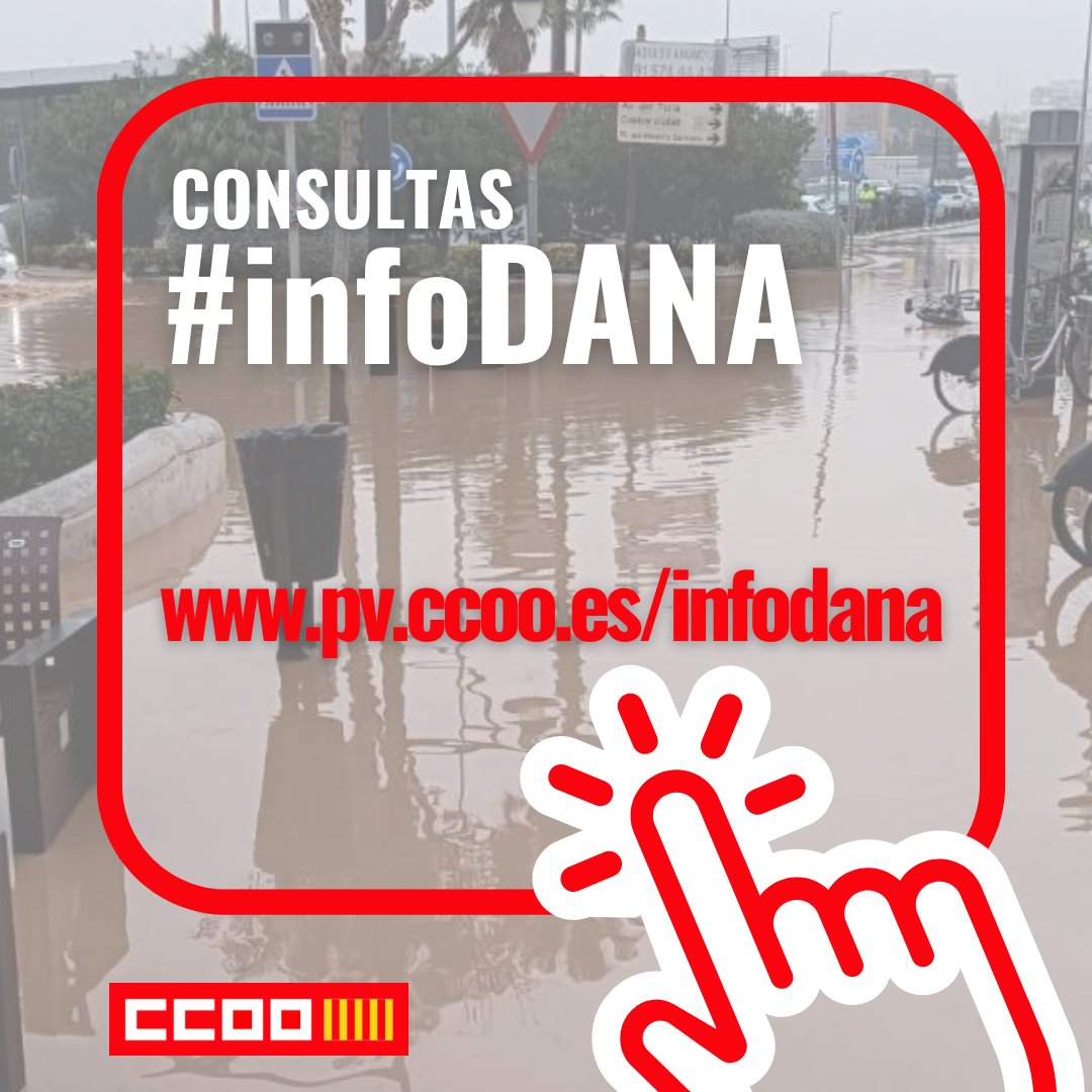 📣@CCOOPV habilita el espacio web #infoDANA para centralizar las consultas laborales: pv.ccoo.es/infodana 

💬Desde posibles consecuencias por la inasistencia al trabajo hasta derechos de conciliación de quienes son responsables de cuidados. 

🔗+info: acortar.link/r74s9V