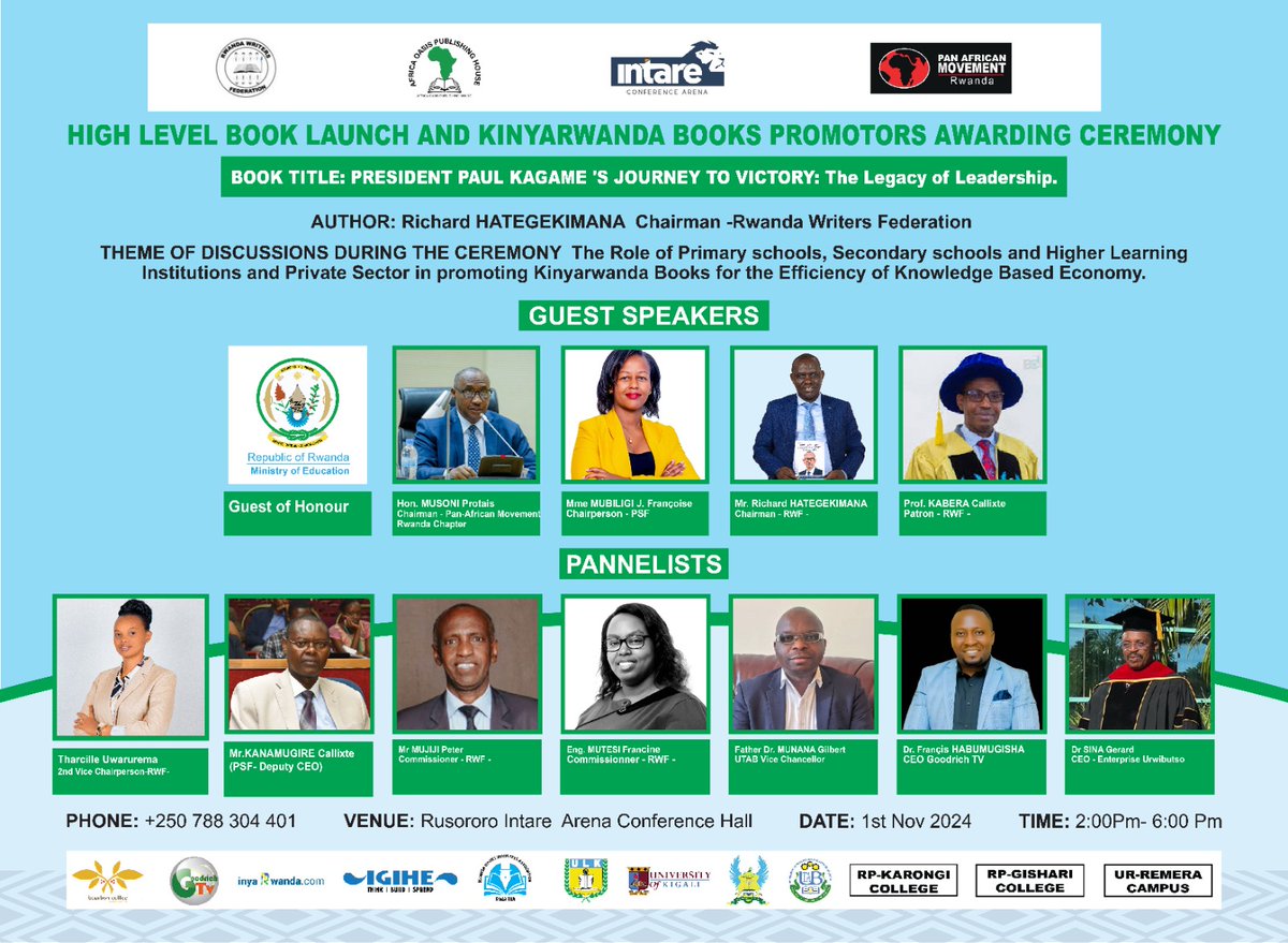 On 1st November 2024, The Chairman of <a href="/RwandaWriters/">Rwanda Writers Federation</a> Mr Richard Hategekimana will launch the book entitled: President Paul Kagame's Journey to Victory,The Legacy of Leadership.
Discussions will be based on Promoting Kinyarwanda Books for the Efficiency of Knowledge Based Economy.