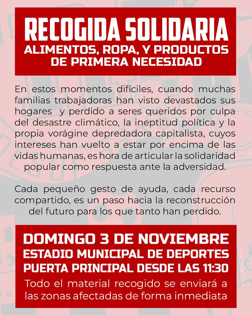FRB_CDA's tweet photo. ¡Solidaridad popular!

Este domingo, antes del partido como local de nuestro equipo, estaremos recogiendo alimentos, ropa y productos de primera necesidad que se enviarán de forma inmediata a las zonas afectadas.

Domingo desde las 11:30.
Puerta principal del Estadio. https://t.co/Yqw3w7UNcy