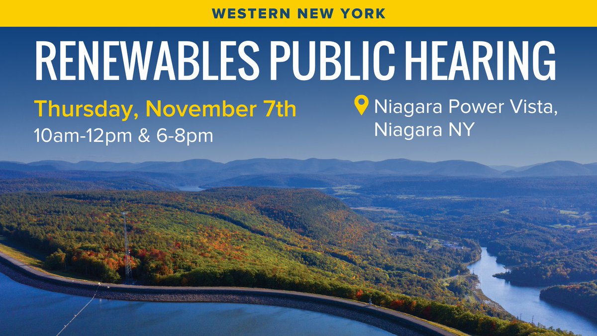 The first set of our #renewableenergy public hearings will take place next week.

Join us at the Niagara Power Vista on Thursday, November 7 to make your voice heard.

We're offering two sessions: morning from 10AM-12PM, and evening from 6-8PM.

INFO: nypa.gov/news/press-rel…