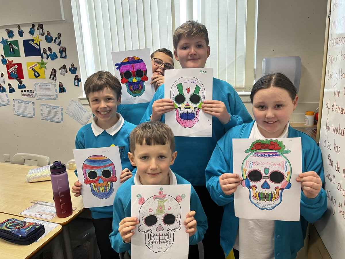 kearney_mr's tweet photo. @GreenhillPS P6 have been working hard on their mini topic of Dia de los Muertos creating fantastic skull artwork 
Cheers for your help @MrGrierP4 @Missmarsh2021 https://t.co/sYVI9F5MLK