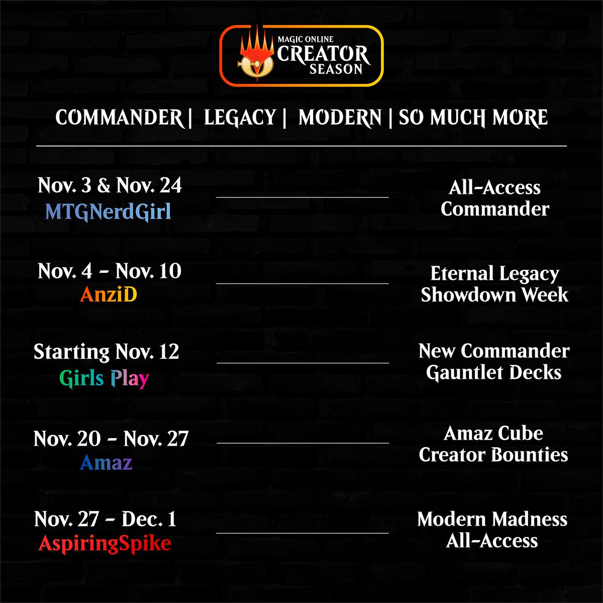 MagicOnline's tweet photo. ANNOUNCEMENT TIME!
MTGO’s First-Ever Creator Season is here

6 Weeks of tournaments brought to you by your favorite creators

Ft. @MTGNerdGirl @Amaz @Aspiringspike @WatchGirlsPlay anzidmtg
 and more to come

More info here
https://t.co/Wnb1yNj6JV
#AllAcess #CreatorSeason https://t.co/VfsFPGhxyo