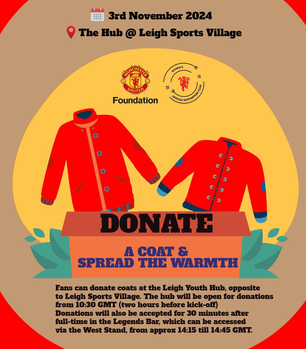 MUWSC (@muw_sc) on Twitter photo Please help support <a href="/MU_Foundation/">Manchester United Foundation</a> coat appeal this Sunday. They’re asking for donations of clean adult and child coats.
Coats donated by fans will primarily support children who access the Foundation’s community programmes.
Check out the details on where to donate at LSV. Please help support <a href="/MU_Foundation/">Manchester United Foundation</a> coat appeal this Sunday. They’re asking for donations of clean adult and child coats.
Coats donated by fans will primarily support children who access the Foundation’s community programmes.
Check out the details on where to donate at LSV.
