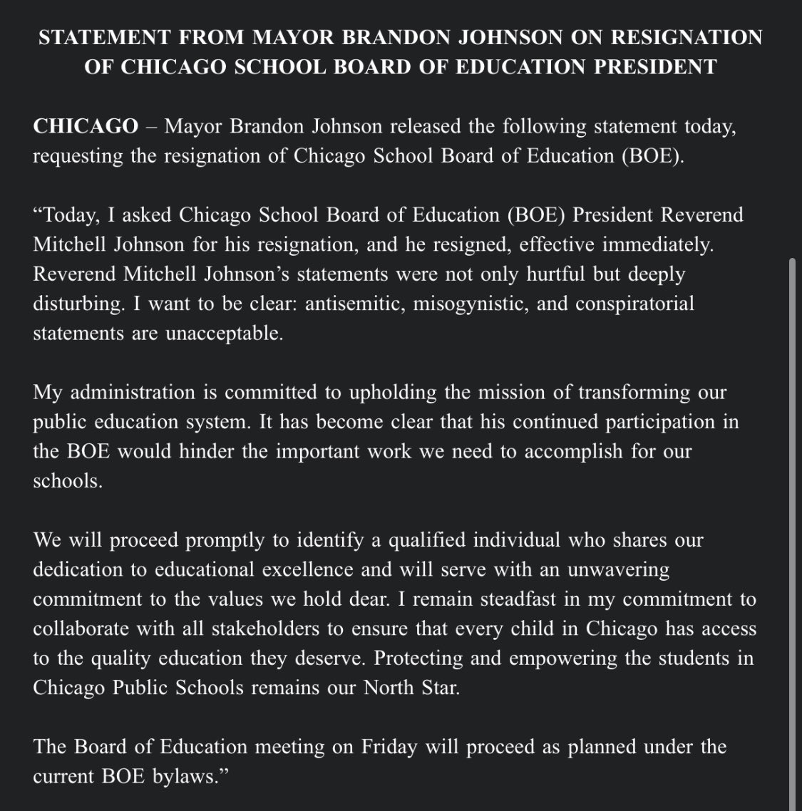 Mayor’s statement on asking CBOE Prez Mitchell Johnson to resign: “I want to be clear: antisemitic, misogynistic, and conspiratorial statements are unacceptable.” He did not address reporter questions yesterday on the vetting process for now his second handpicked board prez