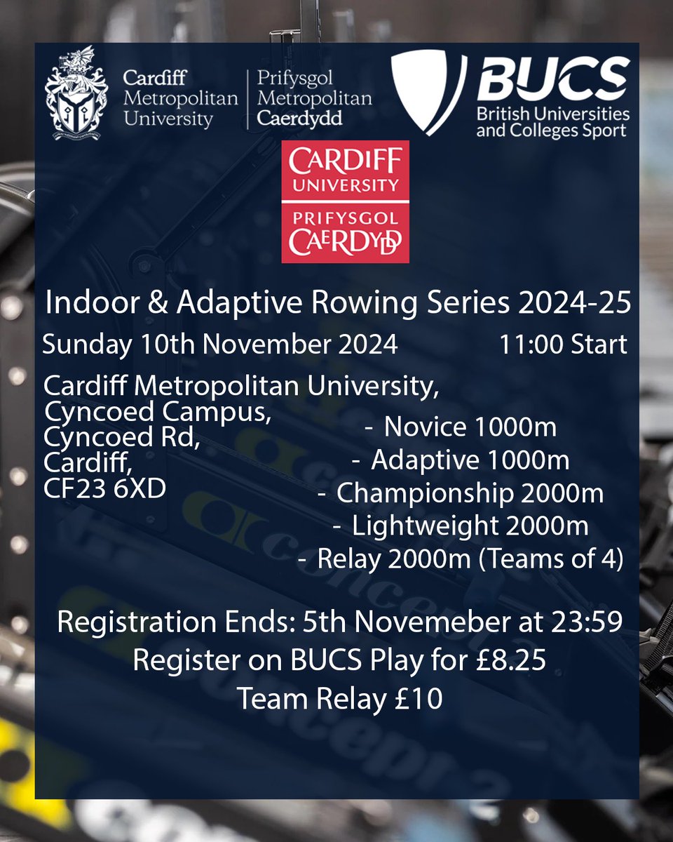 We are Hosting Cardiff University (@rowcardiffuni ) @bucssport Indoor &amp; Adaptive Rowing Series for 2024-25!

On Sunday 10th November, Starting at 11AM on the Cyncoed Campus! 

Register by 5th November, to enter the Individual Events, Team Relays are able to be entered on the day!