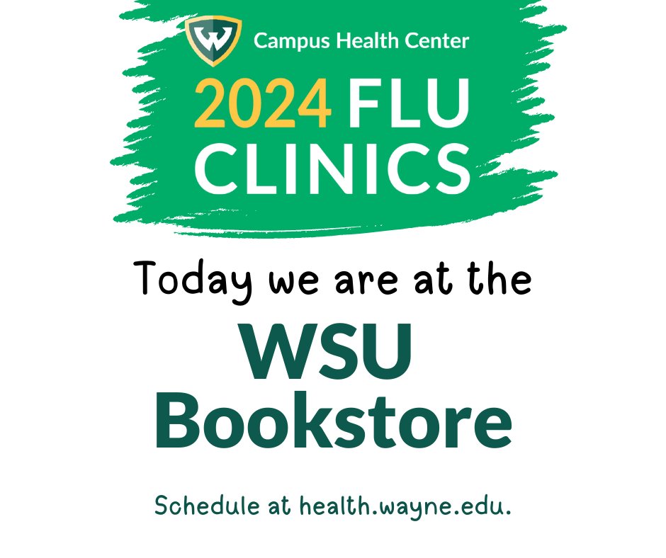 Happy Halloween!!!! 🎃 Today's flu clinic is at WSU Bookstore. 💚 Book your appointment at health.wayne.edu 💛  Bring ➡️ driver's license, OneCard, insurance card.