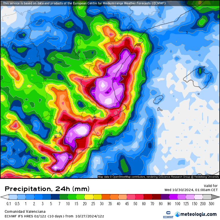 pablofcmet's tweet photo. Estas eran las predicciones de algunos modelos meteorológicos dos días antes de las inundaciones asociadas a la DANA en Valencia. Los modelos indicaban un alto potencial de lluvias muy importantes en la provincia de Valencia (superando los 150-200 mm). Fuente: meteologix. https://t.co/ezSU9ZModq