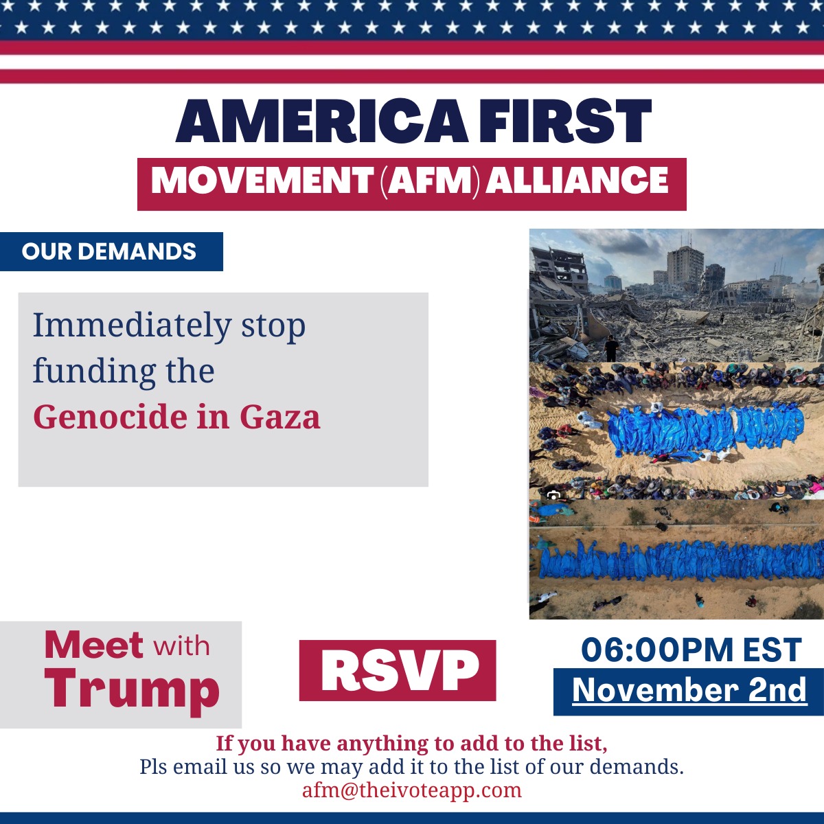 AfmAlliance's tweet photo. #AmericaFirst, Muslims, Christian and Jewish Leaders are against the Genocide in Gaza.  
RSVP to Meet @realDonaldTrump Now: https://t.co/omRxGB95eP
@AMPalestine
@cairnational
@icna
@mana4justice
@mas_national
@mlfa
@munanational1
@TheMosqueCares
#Trump #MuslimsforTrump https://t.co/SR32orz1Mm