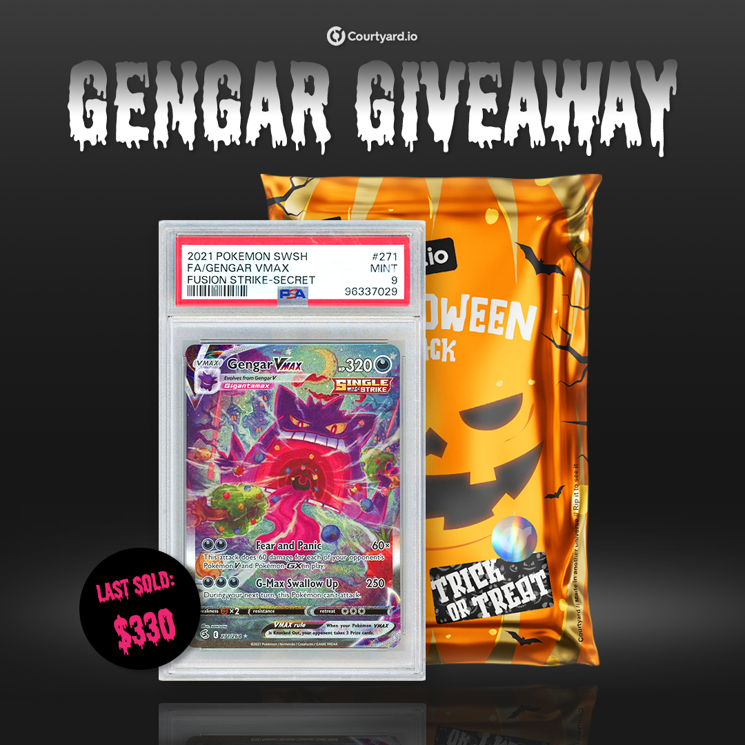 Courtyard_io's tweet image. BOO! 👻 We're giving away a Fusion Strike Gengar VMAX PSA 9 to celebrate the ghost-type's favorite holiday😈

Link below to enter (if you dare) 🎃