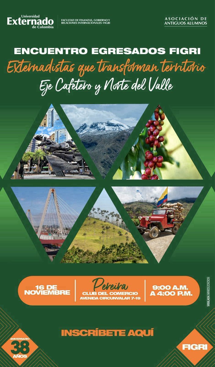 AsoexalumnosUEx's tweet photo. 📣 ¡Atención egresados de @FIGRIExternado
 del Eje Cafetero y del Norte del Valle! 

El 16 de noviembre nos reunimos en Pereira 🌄

Acompáñanos y participa en este gran encuentro 😎

Inscríbete ya 👉 https://t.co/Vb2b9kVie8

#ElExternadoSiempreContigo #FIGRI #UEC https://t.co/YrxEBAIZsU