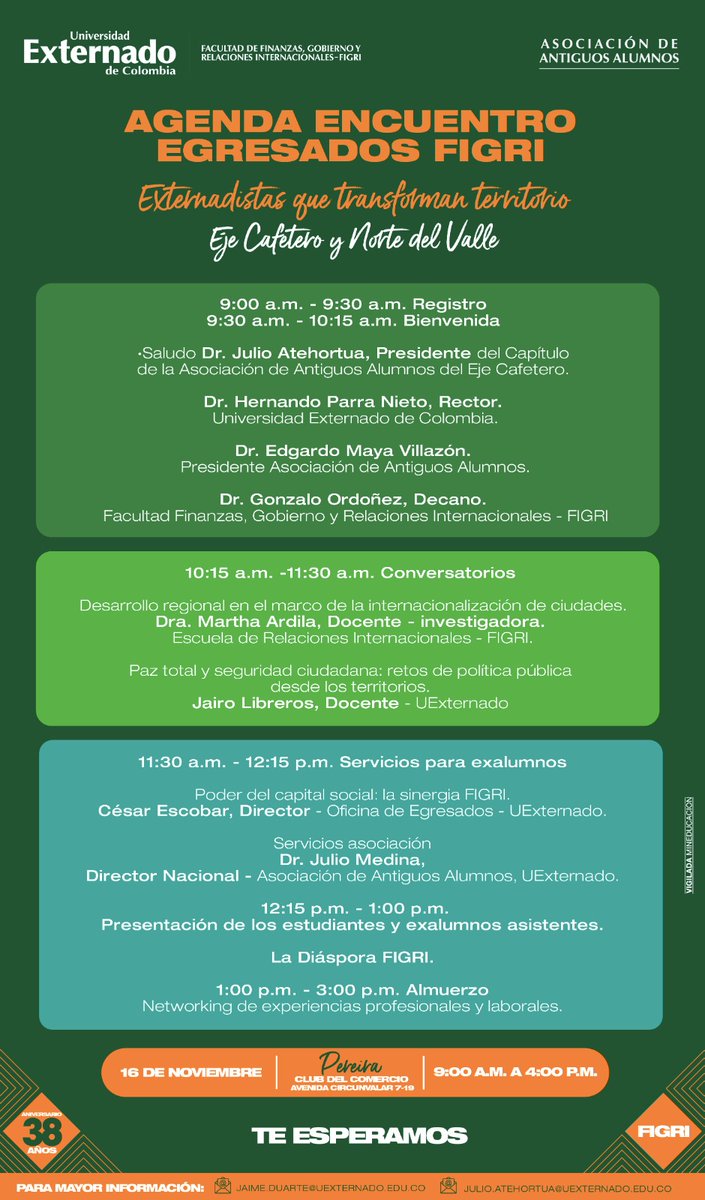 AsoexalumnosUEx's tweet photo. 📣 ¡Atención egresados de @FIGRIExternado
 del Eje Cafetero y del Norte del Valle! 

El 16 de noviembre nos reunimos en Pereira 🌄

Acompáñanos y participa en este gran encuentro 😎

Inscríbete ya 👉 https://t.co/Vb2b9kVie8

#ElExternadoSiempreContigo #FIGRI #UEC https://t.co/YrxEBAIZsU