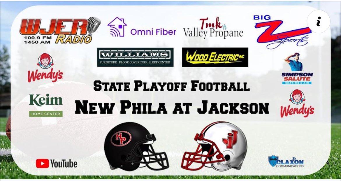 Playoff football takes over BIG Z Sports with a D3 Region 11 matchups as <a href="/PhilaFootball/">NP Quaker Football</a> makes the long trip to take on the Jackson Ironmen. WJER's Pregame coverage will begin at 6:15 and you can watch LIVE👇
youtube.com/live/2cyXwOudf…

<a href="/EastDistrictAB/">East District (EDAB)</a> <a href="/Athletics_NPHS/">Quaker Athletics</a> <a href="/NPCitySchools/">New Philadelphia Quakers</a>