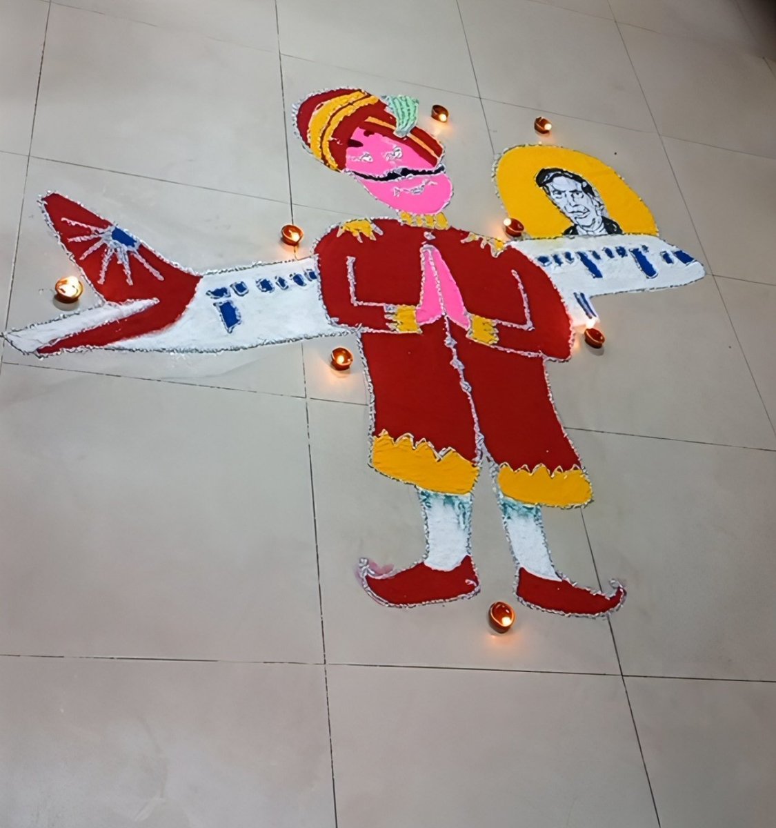 Bitanko_Biswas's tweet photo. A Diwali Rangoli which flew straight into our hearts, depicting @airindia Maharaja's tribute to Shri Ratan Tata! 🙏 https://t.co/LcYuRWtkZP