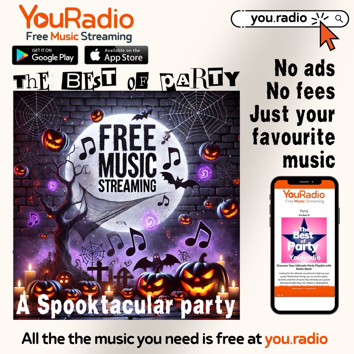 YouRadio_'s tweet photo. Join us for the ultimate party this Halloween, where the music is free, the costumes are wild, and the dance floor is alive! 🎶 
We’ve got the perfect party playlist to keep you moving all night long. 🕸️💀

#halloween #party #nightout #spooky#partymusic https://t.co/wqywHYZrax