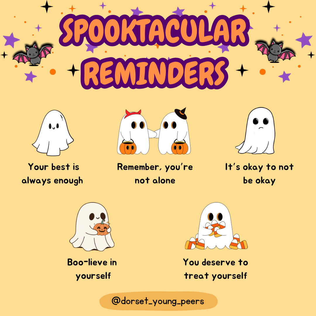 Dorsetdiscovery's tweet photo. Happy Halloween from all of us at the Discovery Project! 🎃👻
Here’s some spooktacular reminders for you to remember 🧡💚
#HappyHalloween #HalloweenReminders #MentalHealthMatters https://t.co/nevcuhUazZ