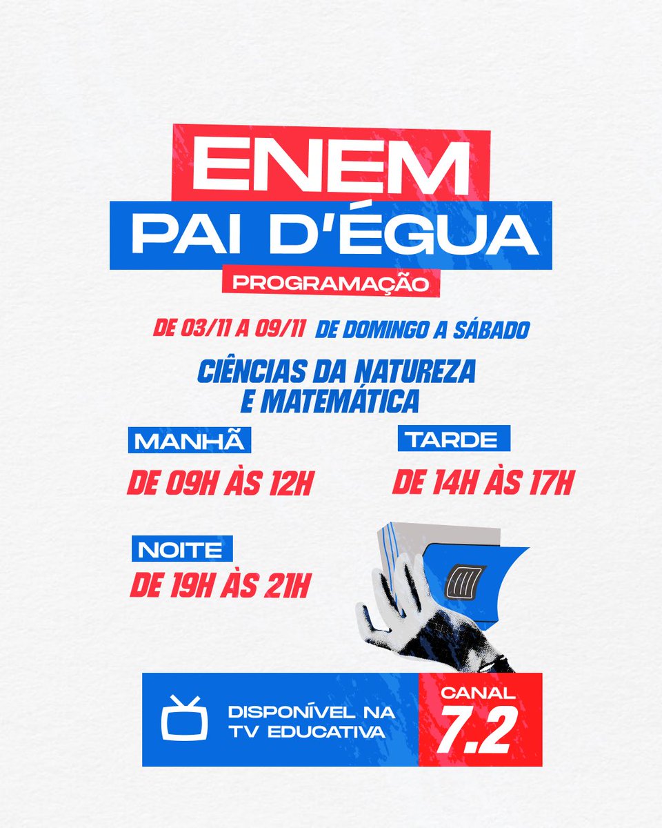 Ei, participante do Enem! 🗣️ O Centro de Mídias da Educação Paraense preparou uma programação especial para reforçar seus estudos. As aulas do Enem Pai D'égua são ao vivo, pelo canal 7.2 da TV aberta, e cobrem todas as áreas do conhecimento. Confira!

#Enem2024