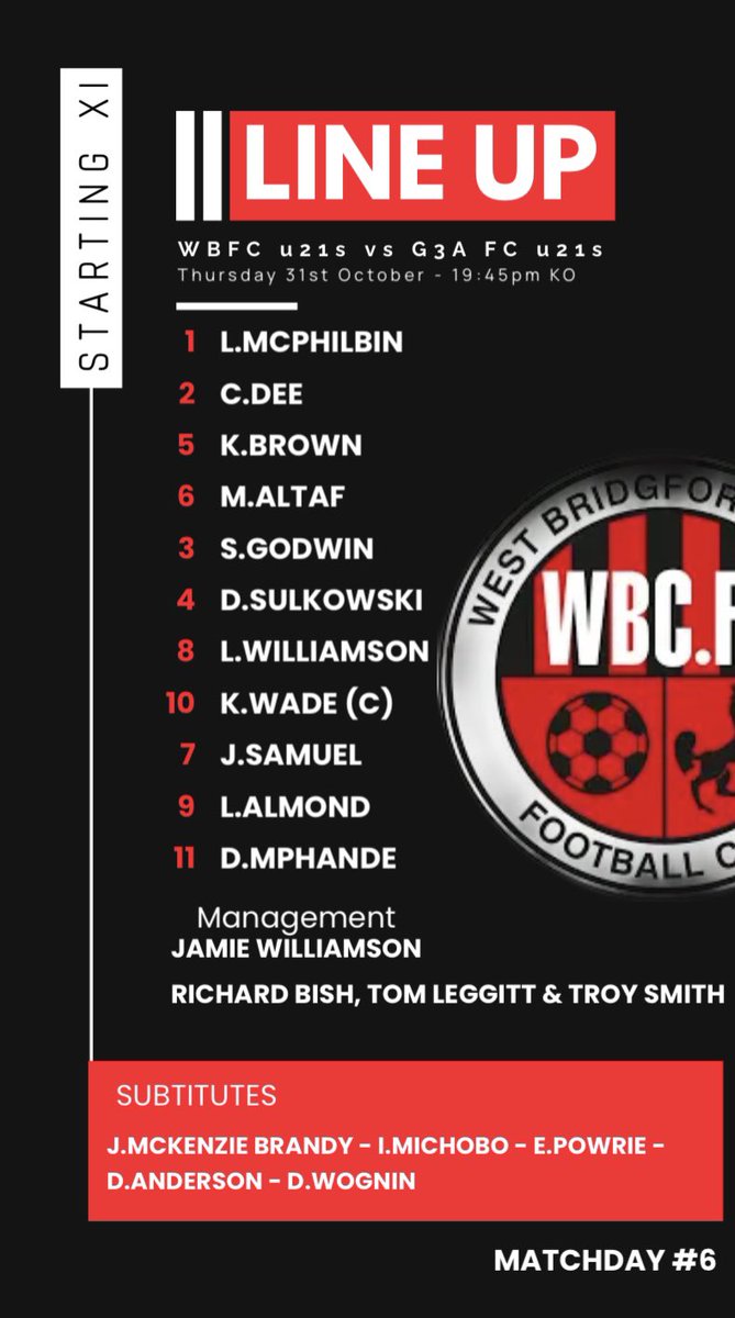 Here’s tonight starting 11 as we face G3A for our 6th game of the season!! 

Dorian Sulkowski makes his debut! 

#upthebridgo