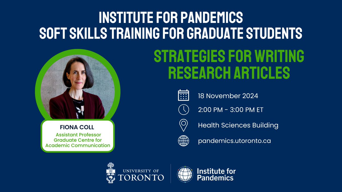 Institute for Pandemics (@uoft_pandemics) on Twitter photo Hey <a href="/UofT/">University of Toronto</a> graduate students! Join our next soft-skills workshop, led by Dr. Fiona Coll from <a href="/UofTistep/">U of T ISTEP</a>, to learn how to write an outstanding research article in any field.
This is an in-person workshop with limited space, so register soon!
pandemics.utoronto.ca/events/soft-sk… Hey <a href="/UofT/">University of Toronto</a> graduate students! Join our next soft-skills workshop, led by Dr. Fiona Coll from <a href="/UofTistep/">U of T ISTEP</a>, to learn how to write an outstanding research article in any field.
This is an in-person workshop with limited space, so register soon!
pandemics.utoronto.ca/events/soft-sk…