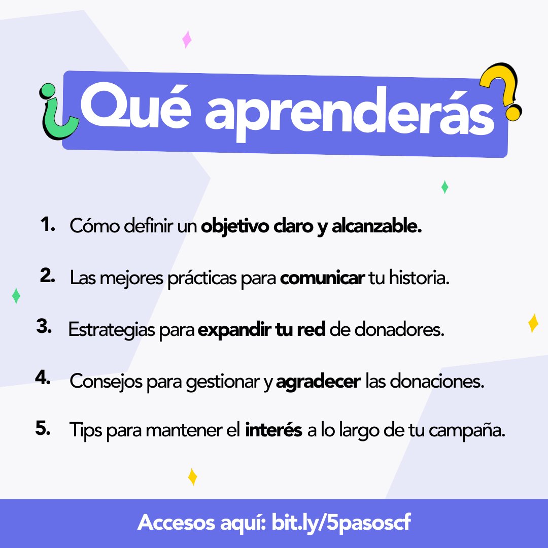 Convierte tus ideas en campañas exitosas de recaudación.💡✨

 Únete a nuestro webinar gratuito y aprende cómo en 5 pasos. 🚀
Consigue aquí tus accesos: bit.ly/5pasoscf