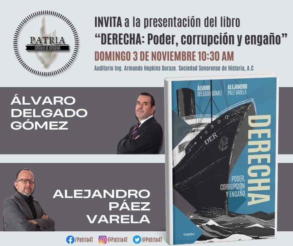 alvaro_delgado's tweet photo. Allá vamos, Sonora: Este domingo 3 de noviembre @paezvarela y yo presentaremos “Derecha” en  Hermosillo, a las 10:30 horas. ¡Allá nos vemos! https://t.co/cYMxhP0dxa