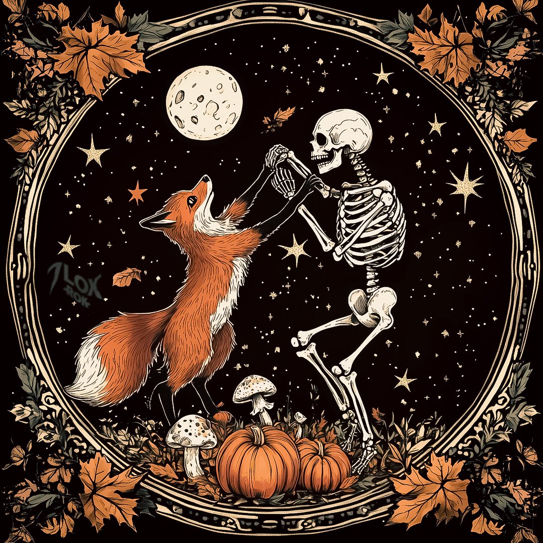 This Halloween piece captures the eerie beauty of a fox and skeleton in a haunting dance beneath the autumn moon. A reminder that life and death find harmony, even in darkness. Can you hear their steps echoing, luring us closer to secrets waiting in the shadows? 
#halloweenspirit