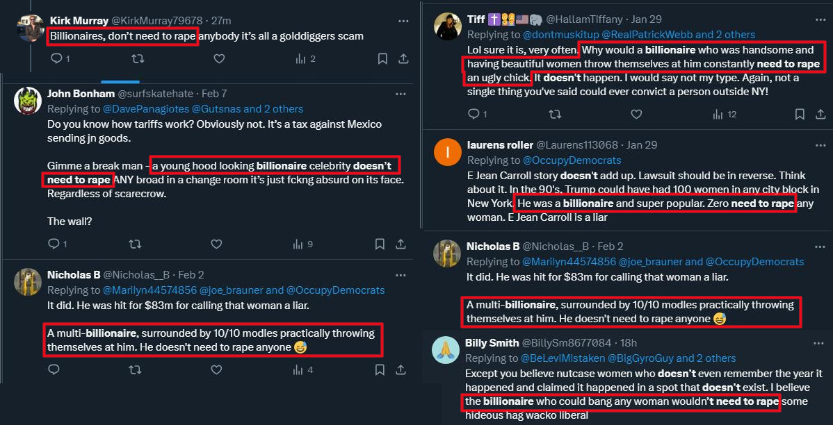 BoGardiner1's tweet photo. I stopped blogging in 2016 for this reason. I'd just been offered a major blogging opportunity but was struck wordless.
As for rape, it was revealing of MAGA morality when the main responses to the Carroll case were:
-she wasn't pretty enough to rape (tho pretty enough that in the pic of her with Trump, he thought she was Marla)
-"handsome" ๐rich men don't "need" to rape (the corollary being that regular guys DO). I was so shocked by it that I screencapped a bunch of MAGA men posting this: