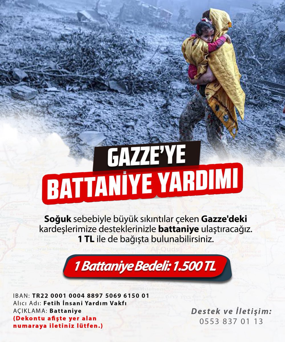 berivan_erol47's tweet photo. Bismillah, Gazze için yeni projemize başlıyoruz.
Desteklerinizi ve paylaşmanızı rica ediyoruz. 👇
IBAN: TR22 0001 0004 8897 5069 6150 01
Alıcı Adı: Fetih İnsani Yardım Vakfı
AÇIKLAMA: Battaniye
(Dekontu şu numaraya iletiniz lütfen 👉 0553 837 01 13) https://t.co/nIzSr8IbHx
