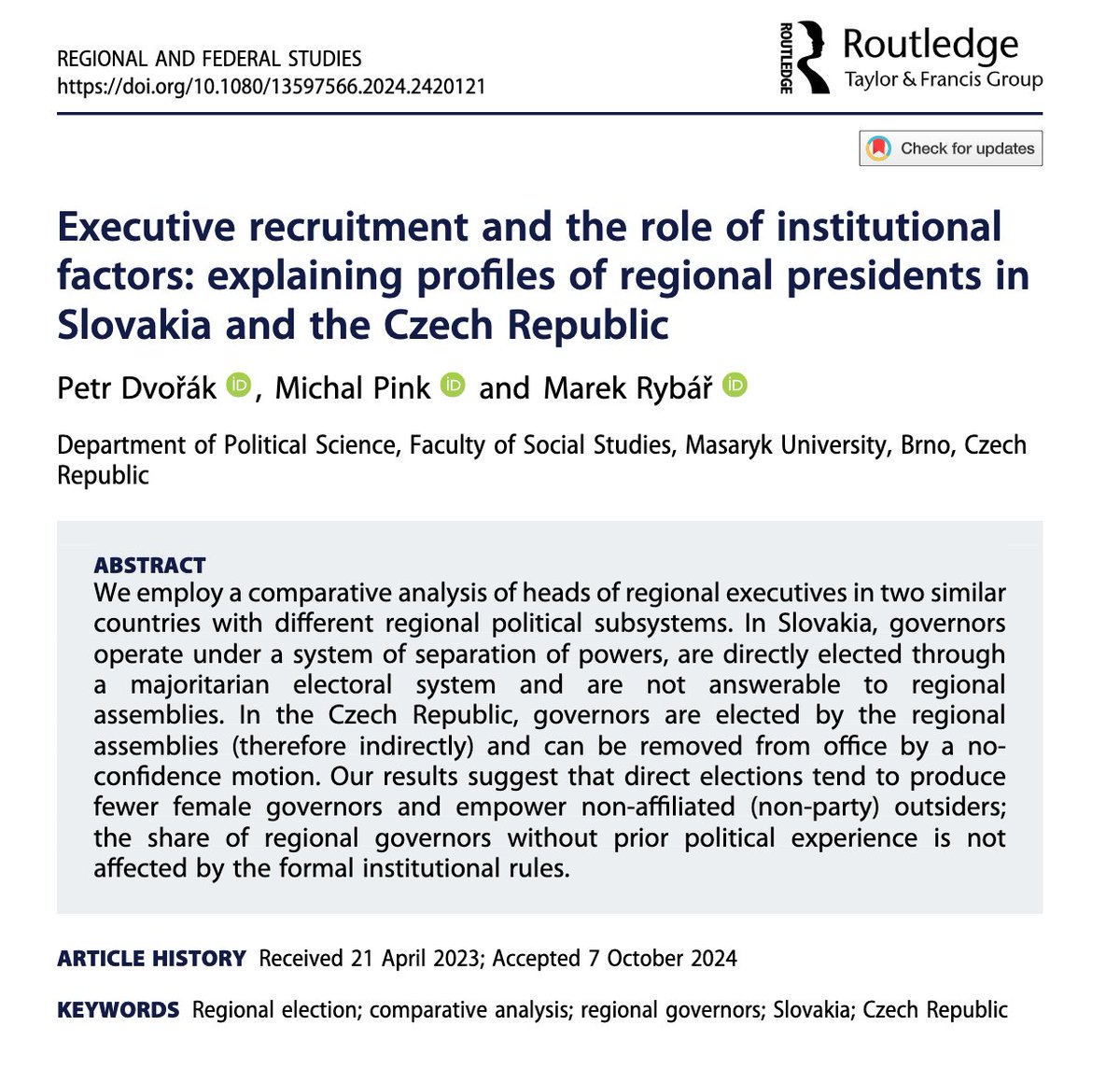 Regional&Federal St (@regfedst) on Twitter photo New article 🇸🇰 🇨🇿!
"Executive recruitment and the role of institutional factors: explaining profiles of regional presidents in Slovakia and the Czech Republic" by Petr Dvořák, Michal Pink and <a href="/marekrybar/">Marek Rybar</a>
tandfonline.com/doi/full/10.10… New article 🇸🇰 🇨🇿!
"Executive recruitment and the role of institutional factors: explaining profiles of regional presidents in Slovakia and the Czech Republic" by Petr Dvořák, Michal Pink and <a href="/marekrybar/">Marek Rybar</a>
tandfonline.com/doi/full/10.10…