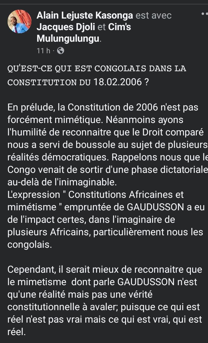KasongaLejuste's tweet photo. L'expression "Constitutions Africaines et mimétisme " empruntée de GAUDUSSON n'est qu'une réalité et non vérité constitutionnelle. Ce qui est réel n'est pas vrai mais c'est ce qui est vrai qui est réel. À lire attentivement👇 @fatshi13 https://t.co/XEuXs2J798