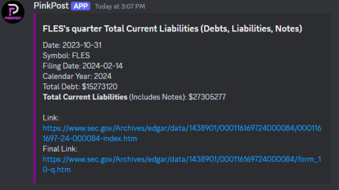 PinkPostBot's tweet photo. Use the /total-liabilities command to see outstanding notes and debts in your OTC ticker:
#PinkPost #OTC #stocks #pinksheets https://t.co/Ar9fQFgvgM