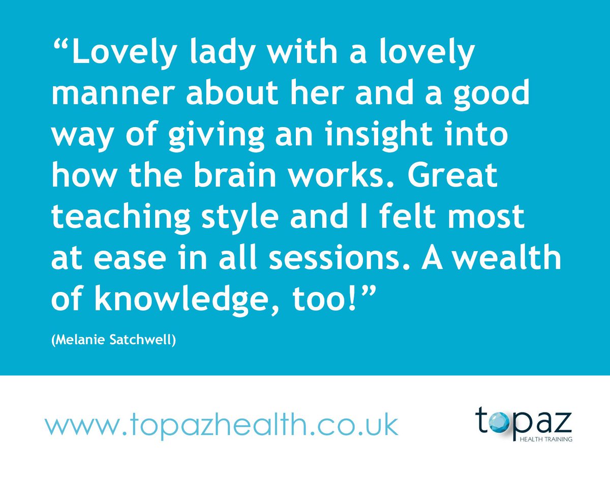Testimonial: “Lovely lady with a lovely manner about her and a good way of giving an insight intohow the brain works. Great teaching style and I felt mostat ease in all sessions. A wealth of knowledge, too!” (Melanie Satchwell) 

topazhealth.co.uk/first-aid-for-… 

#meantalhealthtraining