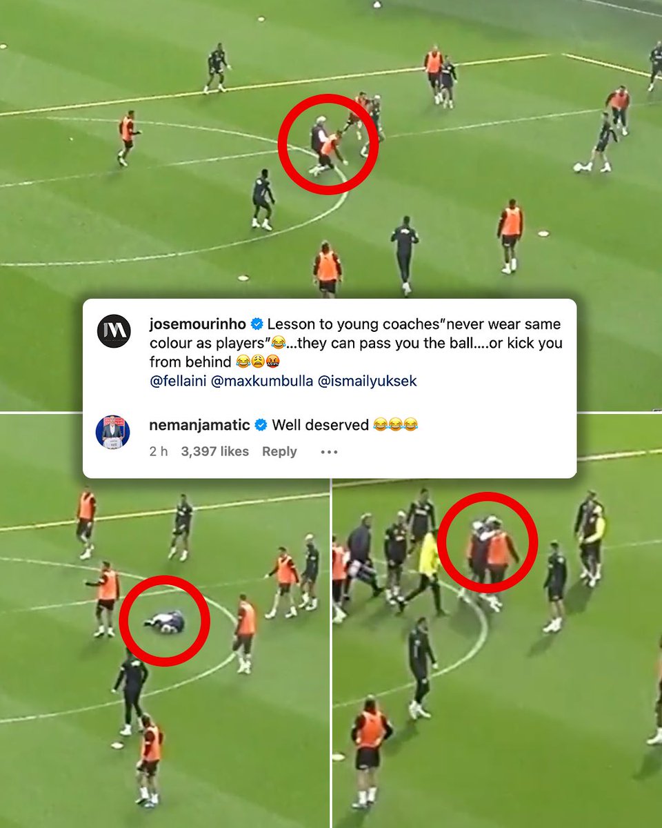 ESPNUK's tweet photo. Nemanja Matic’s comment after José Mourinho shared a video of himself getting injured in Fenerbahce training after a clash with Ismail Yuksek 😅 https://t.co/98no2jR5AQ