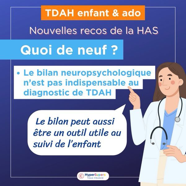 TDAHyperSupers's tweet photo. #TDAH enfant et ado 👉 Quoi de neuf dans les nouvelles RECOS de la @HAS_sante 
▶️🚩Le Diagnostic 
☑️ Il pourra être posé par tout médecin formé au TDAH.
☑️ Le bilan #neuropsy : non indispensable au diagnostic mais un outil utile au suivi. 
📍+ d’infos👇
https://t.co/OQ6bzowiGP https://t.co/CxlQFYeTb6