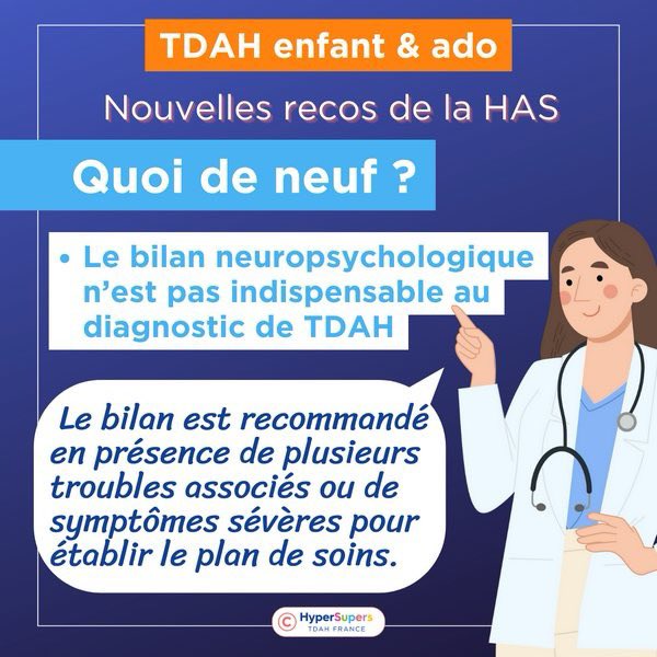 TDAHyperSupers's tweet photo. #TDAH enfant et ado 👉 Quoi de neuf dans les nouvelles RECOS de la @HAS_sante 
▶️🚩Le Diagnostic 
☑️ Il pourra être posé par tout médecin formé au TDAH.
☑️ Le bilan #neuropsy : non indispensable au diagnostic mais un outil utile au suivi. 
📍+ d’infos👇
https://t.co/OQ6bzowiGP https://t.co/CxlQFYeTb6