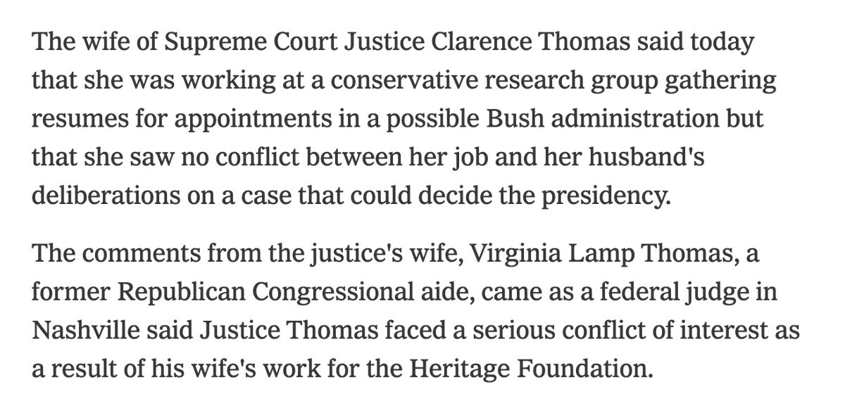 TakeBacktheCt's tweet photo. 1⃣ The right-wing justices' conflicts of interest tainted the #BushvGore decision. And just like in 2000, Clarence Thomas' conflicts of interest are particularly damning. [2/7] https://t.co/2IMfu3eql0