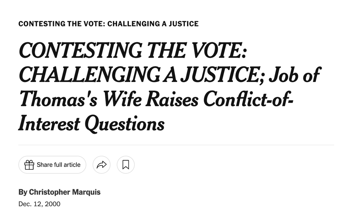 TakeBacktheCt's tweet photo. 1⃣ The right-wing justices' conflicts of interest tainted the #BushvGore decision. And just like in 2000, Clarence Thomas' conflicts of interest are particularly damning. [2/7] https://t.co/2IMfu3eql0