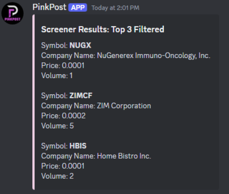 PinkPostBot's tweet photo. Manually screen top OTC performers within Discord:
#PinkPost #OTC #Stocks #Pinksheets #Stockscreener #Discordapp https://t.co/WvXjSgkx2u