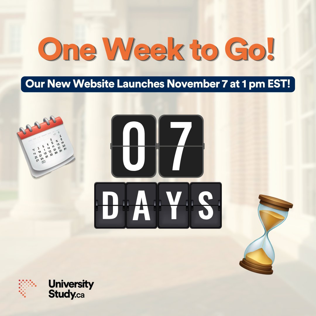 univstudyca's tweet image. Only 7 days until we launch a whole new UniversityStudy.ca! ⏳ Get ready for a refreshed, student-centered experience designed to make finding the right program a breeze. Stay tuned for sneak peeks and updates! 👀
#CountdownToLaunch #UniversityStudy