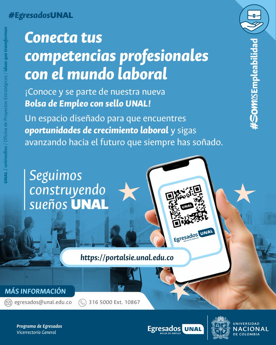 fminas's tweet image. #EgresadosUNAL ¡El mundo laboral espera por ti! Conéctate con la Bolsa de Empleo UNAL, descubre las oportunidades que tenemos para ti y accede a diferentes ofertas laborales  👉 portalsie.unal.edu.co ¡Seguimos construyendo sueños! @EgresadosUN_Nal | #SomosUNAL