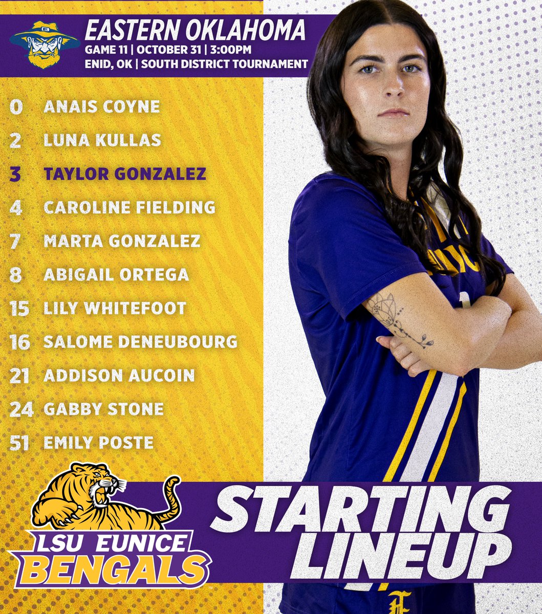 It's GEAUX Time! LSUE invades The Sooner State for the South District Tournament, starting with a quarters matchup vs. Eastern Oklahoma.  Here's our Starting XI for the 3PM, first kick - watch on EOSC's live stream!

#GeauxBengals
#EarnYourStripes

Link: eoscathletics.com/mountaineertv
