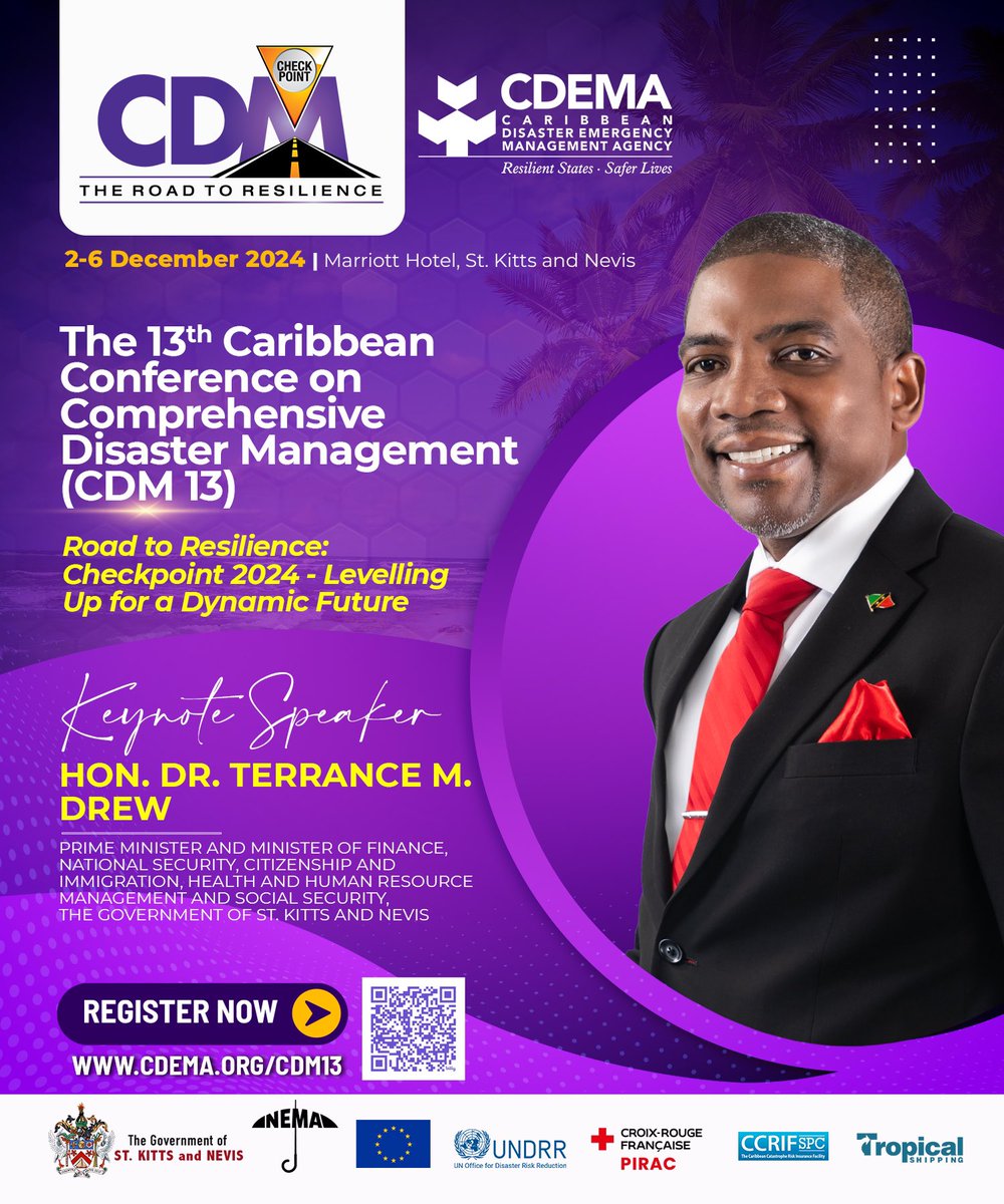 We’re thrilled to welcome Prime Minister Dr. Terrence Michael Drew as the Opening Keynote Speaker at #CDM13! 🇰🇳 

Don’t miss this landmark event from Dec 2-6—register now! 🌍✨ #ResilientCaribbean #CDM2024 cdema.org/cdm13