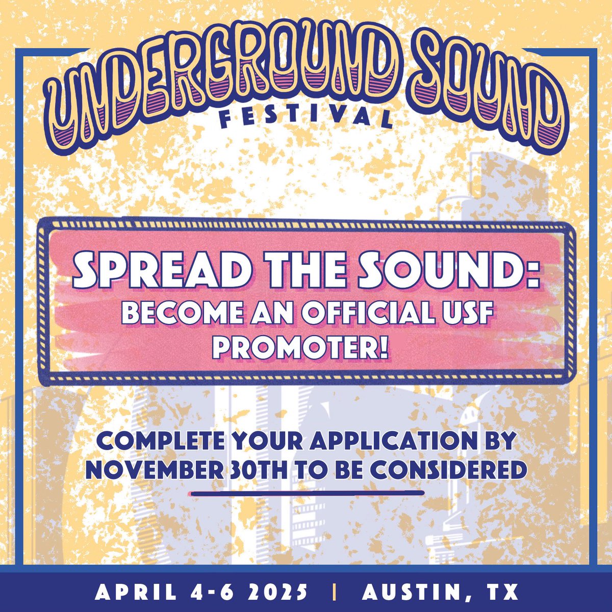 USFESTIVALATX's tweet photo. Join us in growing the Underground by becoming an official Underground Sound Festival Promoter! 🔊 

We offer a competitive promoter package, so apply today on our site under the ‘Work With Us’ tab at the top of the page! 🔗 

#usf2025 #austin #festival https://t.co/QGrryWDJzs