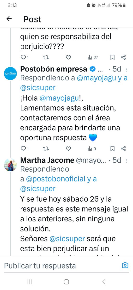 mayojagu's tweet photo. @postobonoficial @sicsuper Hola, creí que no los necesitaban o como me iban a responder según imagen adjunta? 
Serán muchas Martha Jácome con el mismo problema, porque mi nombre está en X?
En la respuesta a @sicsuper que envié hoy 31 de oct, esta el primer reclamo, hay no están mis datos? https://t.co/jNVl1YCZie