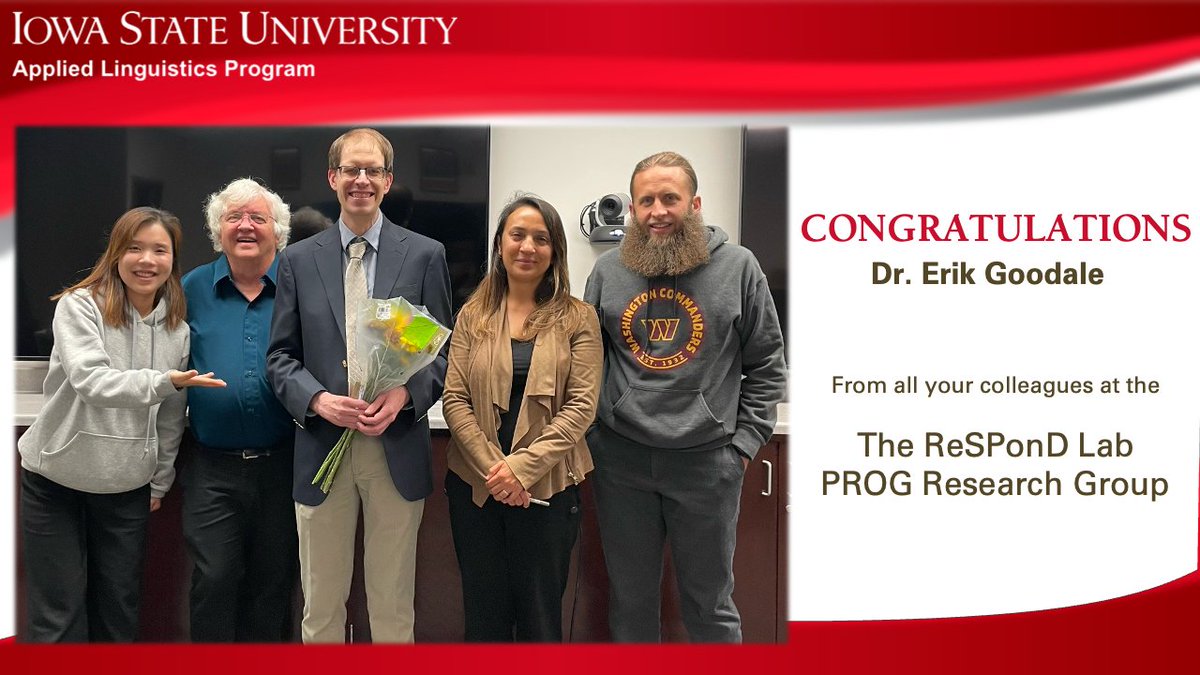 ISU App. Linguistics (@apling_iastate) on Twitter photo ๐ Congrats to Dr. ๐ผ๐ฃ๐๐ ๐พ๐ ๐ ๐๐๐๐ on successfully defending his dissertation! ๐
Committee:
Dr. John Levis | <a href="/jlevis56/">John Levis</a> |
Dr. Elena Cotos | <a href="/elena_cotos/">Elena Cotos</a> |
Dr. Sinem Sonsaat-Hegelheimer | <a href="/SinemSonsaat/">Sinem Sonsaat Hegelheimer</a> |
Dr. Charlie Nagle
Dr. Benjamin Gleason | <a href="/BWGleason/">Benjamin Gleason</a> | ๐ Congrats to Dr. ๐ผ๐ฃ๐๐ ๐พ๐ ๐ ๐๐๐๐ on successfully defending his dissertation! ๐
Committee:
Dr. John Levis | <a href="/jlevis56/">John Levis</a> |
Dr. Elena Cotos | <a href="/elena_cotos/">Elena Cotos</a> |
Dr. Sinem Sonsaat-Hegelheimer | <a href="/SinemSonsaat/">Sinem Sonsaat Hegelheimer</a> |
Dr. Charlie Nagle
Dr. Benjamin Gleason | <a href="/BWGleason/">Benjamin Gleason</a> |