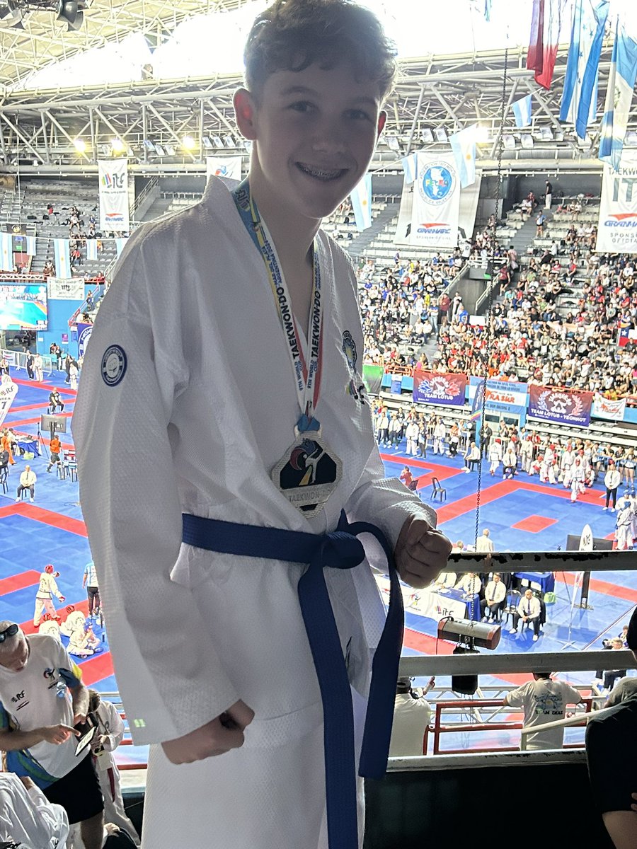 TerryH77169's tweet photo. Ollie &amp; his teammates leave Argentina as Vice World Champions! ITF Team England wins silver in Team Sparring event. Unbelievably proud of this young man who’s worked so hard to get here. He also leaves with new friends, great memories &amp; a broken toe! @PEchepstow1 @chepstowschool https://t.co/lVaQpUII28
