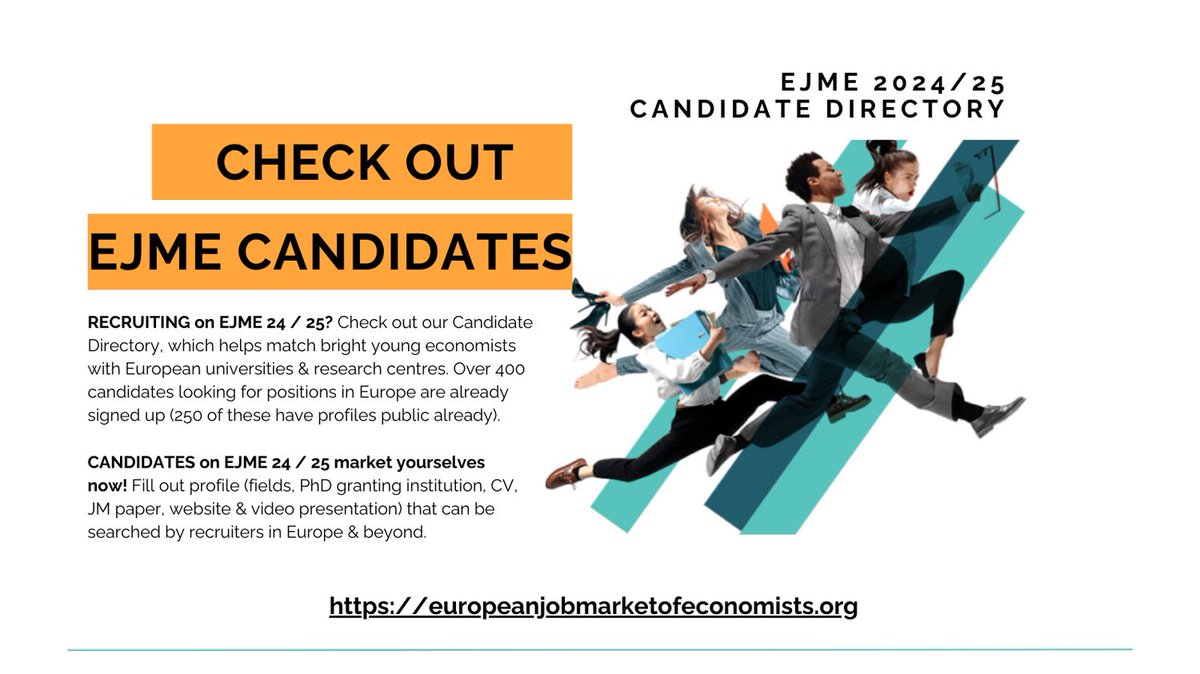 EEA (@eeanews) on Twitter photo 📢 Hiring this year? Meet EJME 24/25 Job Market Candidates. Let our Candidate Directory help facilitate the successful matching of candidates & recruiters. Over 250 profiles active so far (& another 150 registered)
ℹ️europeanjobmarketofeconomists.org/candidates
<a href="/RoyalEconSoc/">Royal Economic Society</a> <a href="/AEEmedia/">AEE</a> <a href="/EAYEconomists/">EAYE</a> 📢 Hiring this year? Meet EJME 24/25 Job Market Candidates. Let our Candidate Directory help facilitate the successful matching of candidates & recruiters. Over 250 profiles active so far (& another 150 registered)
ℹ️europeanjobmarketofeconomists.org/candidates
<a href="/RoyalEconSoc/">Royal Economic Society</a> <a href="/AEEmedia/">AEE</a> <a href="/EAYEconomists/">EAYE</a>