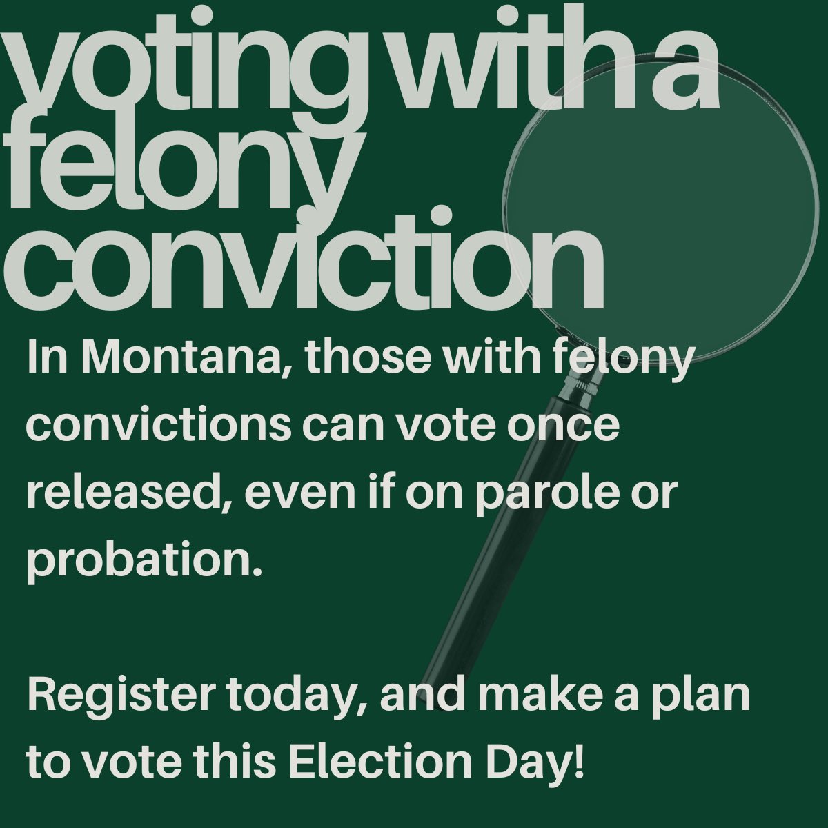 You can vote in Montana even if you have a felony conviction—as long as you're not currently incarcerated. If you’re on probation or parole, or have completed your sentence, you're eligible to register and vote. Check your registration today! 🗳️