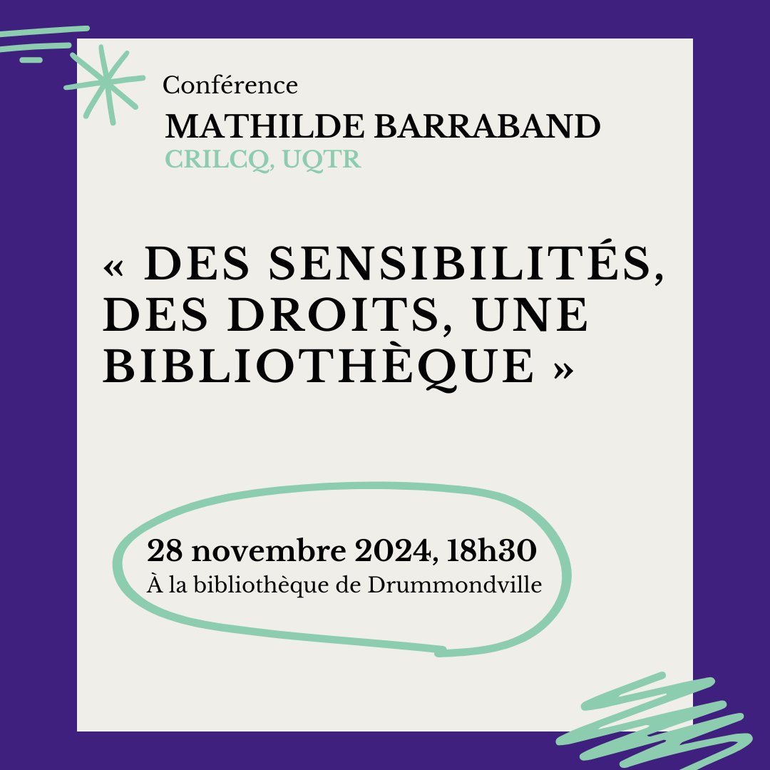 📢 [CONFÉRENCE] La bibliothèque publique de Drummondville recevra Mathilde Barraband (CRILCQ, COLIBEX, UQTR) pour une conférence.

📅 28 novembre 2024, à 18h30
📍Bibliothèque publique de Drummondville

Infos 👇
crilcq.org/actualites/con…

#communautéFRQ #CultureQc #bibliothèque