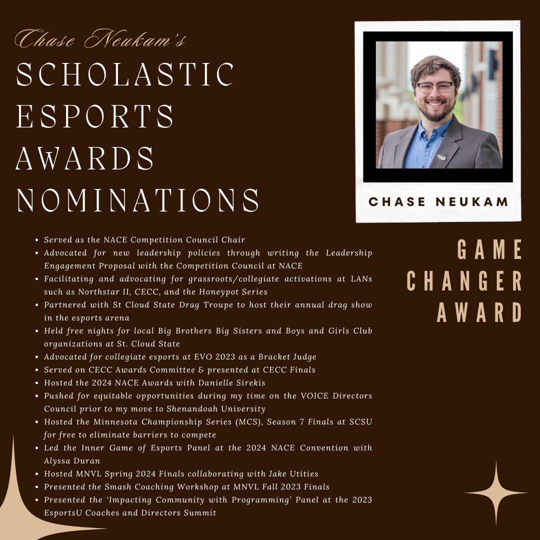 Nominate me for the Scholastic Esports Awards Game Changer Award! ✨

Vote by November 8th below:
scholasticesportsawards.com/collegiate.html

I'll be posting graphics for my nominations on Monday November 3rd after I receive final approval from the nominees!