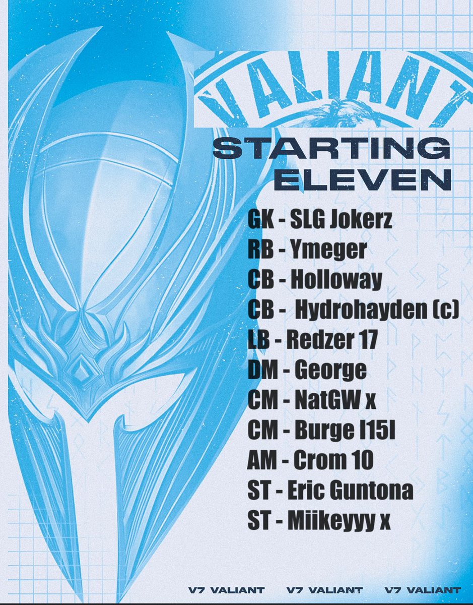 Vulcan7 Valiant⚔️

V7 Valiants starting XI for tonight’s matchups. 

The boys face a big double header and are looking to bounce back from a disappointing Tuesday evening. 

Good luck to all involved ⚽️
#LetsGoVulcan